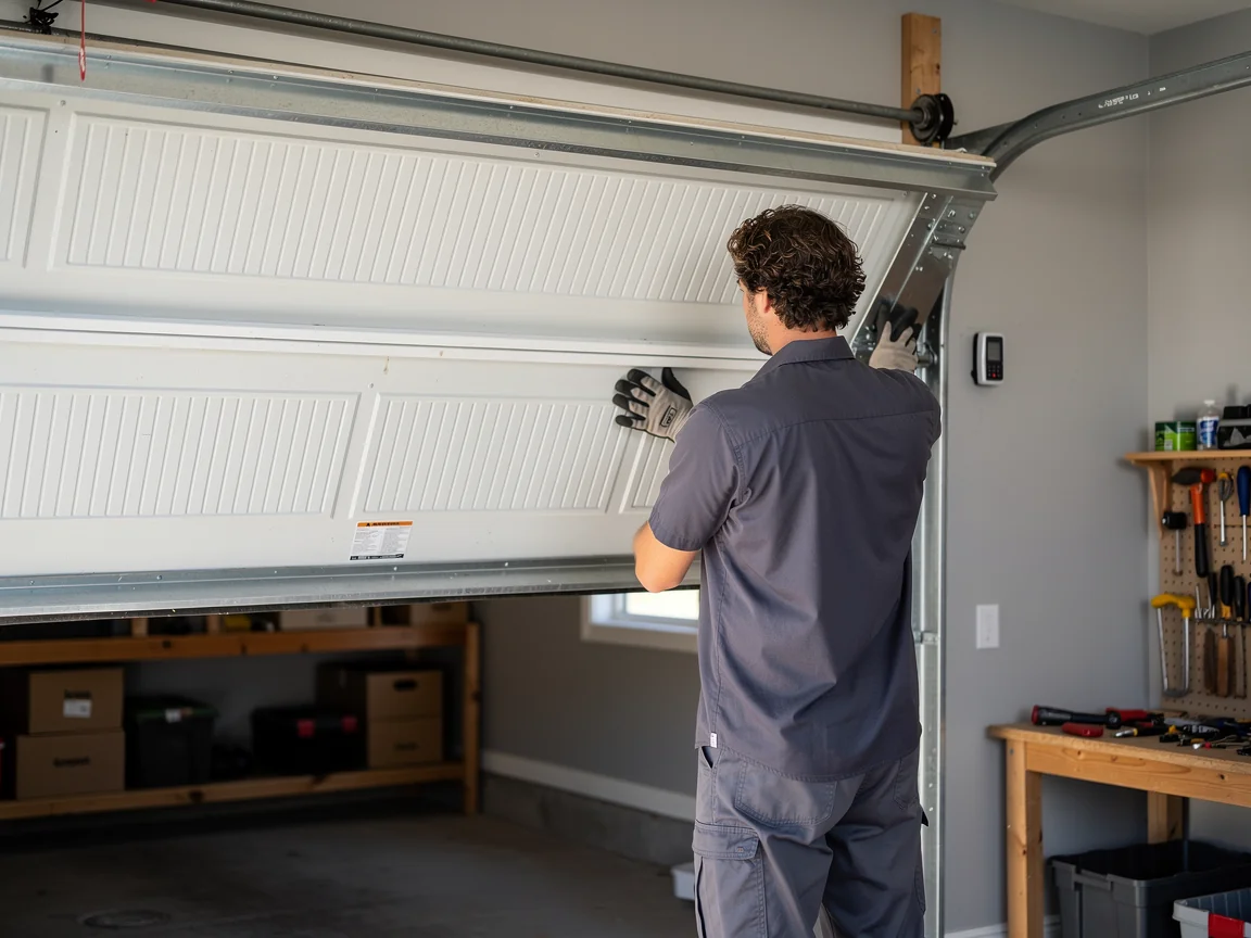 A technician in a gray uniform is working on a white garage door.