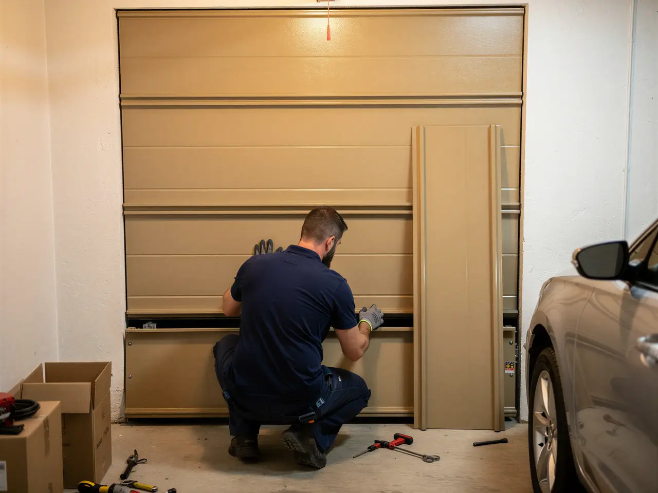 A technician is working on a tan garage door with tools on the floor.